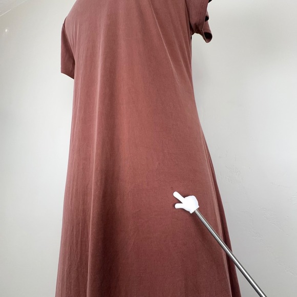 Dress Women XL Brown Short Sleeve Knit Button Front Midi A-Line Ribbed Stretch - Picture 3 of 10